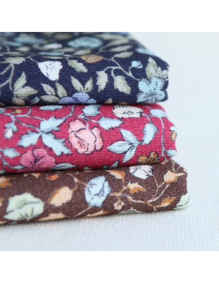 Amelia - Velours milleraies coton organique imprimé fleuri framboise