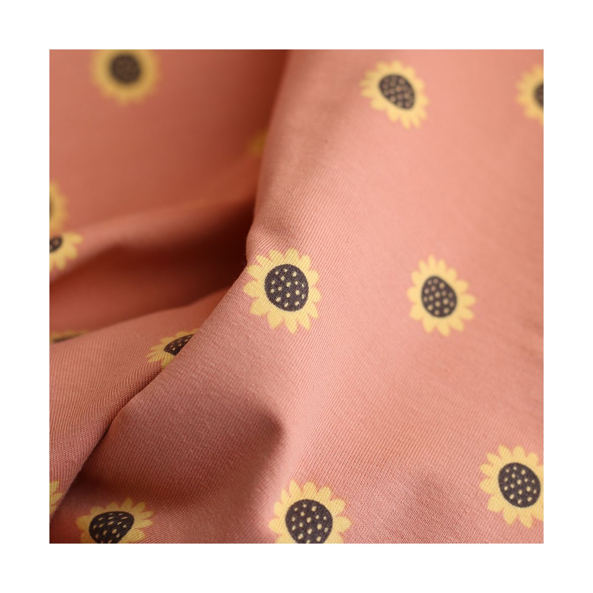 Jersey coton à motif fleurs de tournesol fond tomette clair Jersey coton à motif fleurs de tournesol fond tomette clair
