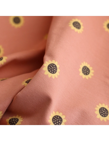 Jersey coton à motif fleurs de tournesol fond tomette clair