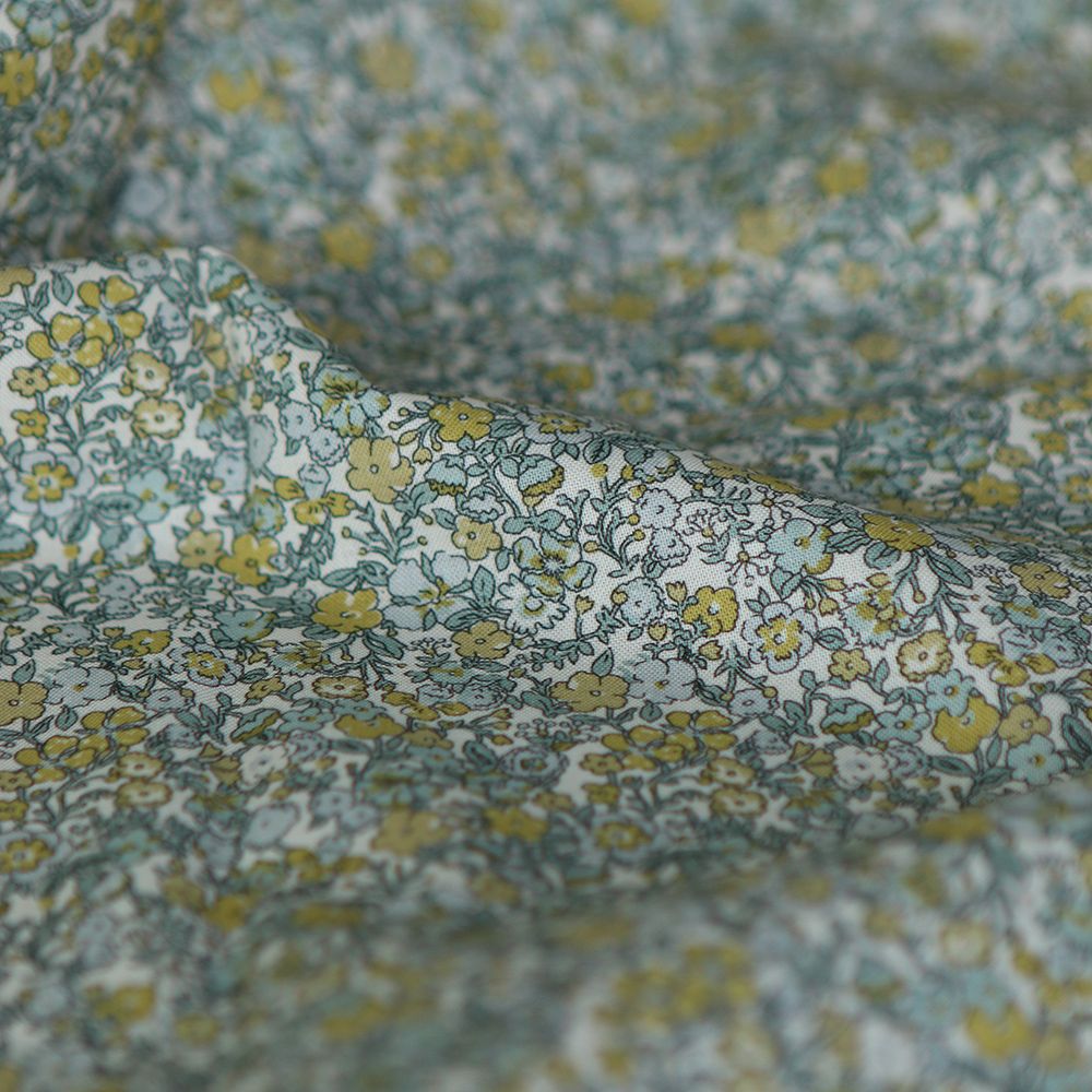 Eleanore - Popeline douce coton organique fond ivoire fleuri vert et jaune