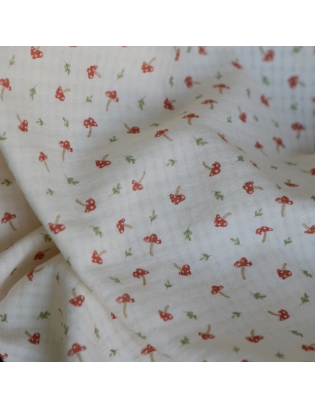 Mario - Seersucker / Coton gaufré doux fond écru champignons