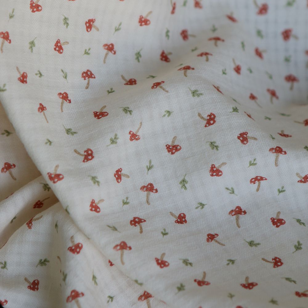 Mario - Seersucker / Coton gaufré doux fond écru champignons