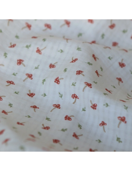 Mario - Seersucker / Coton gaufré doux fond écru champignons