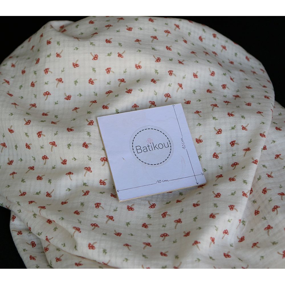 Mario - Seersucker / Coton gaufré doux fond écru champignons