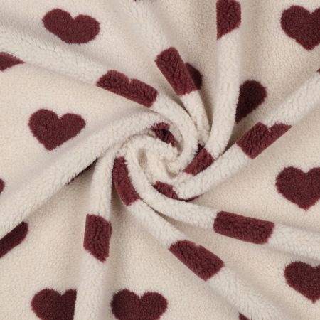 Teddy / moumoute bouclé fond crème motif coeurs bordeaux Teddy / moumoute bouclé fond crème motif coeurs bordeaux