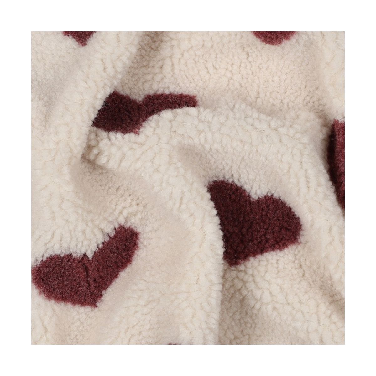 Teddy / moumoute bouclé fond crème motif coeurs bordeaux Teddy / moumoute bouclé fond crème motif coeurs bordeaux