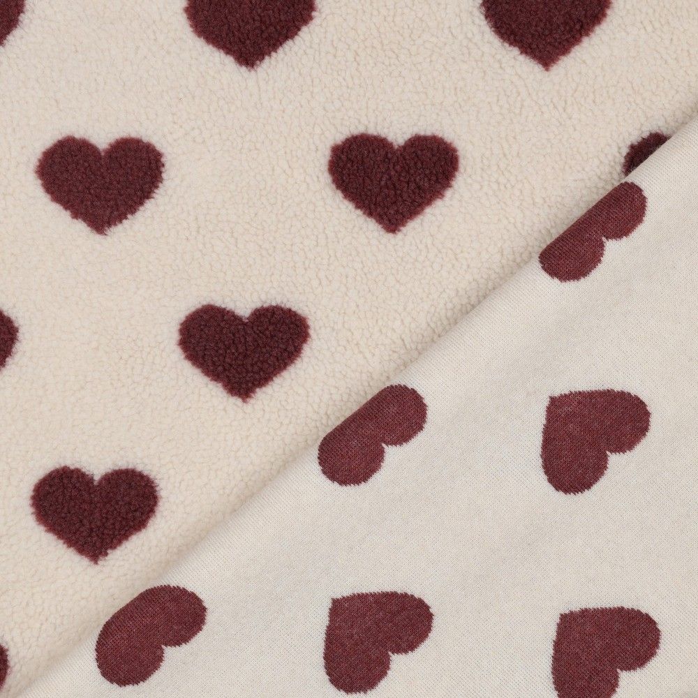 Teddy / moumoute bouclé fond crème motif coeurs bordeaux