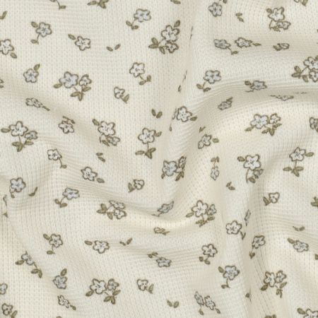 Jersey coton côtes fines à motif petit fleuri fond écru Jersey coton côtes fines à motif petit fleuri fond écru
