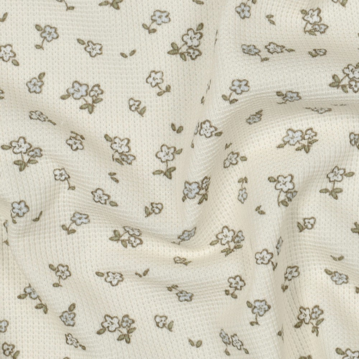 Jersey coton côtes fines à motif petit fleuri fond écru
