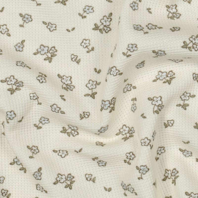 Jersey coton côtes fines à motif petit fleuri fond écru