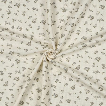 Jersey coton côtes fines à motif petit fleuri fond écru Jersey coton côtes fines à motif petit fleuri fond écru