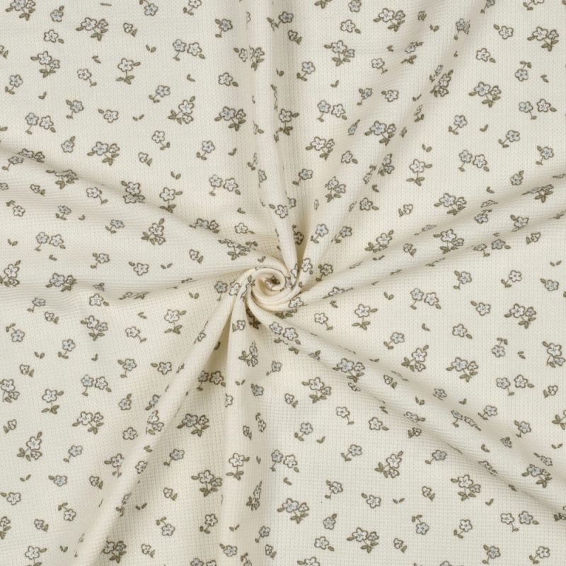Jersey coton côtes fines à motif petit fleuri fond écru