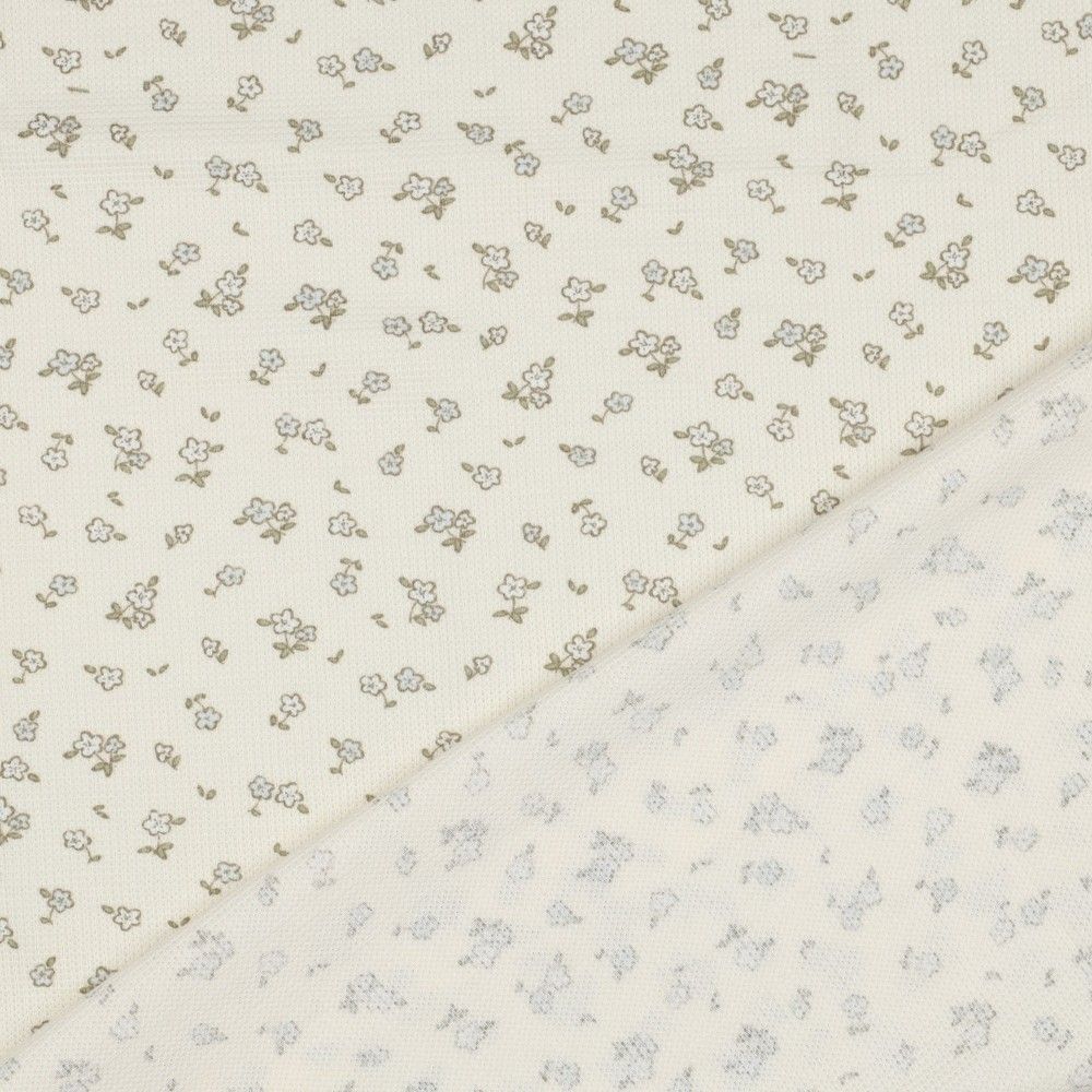 Jersey coton côtes fines à motif petit fleuri fond écru