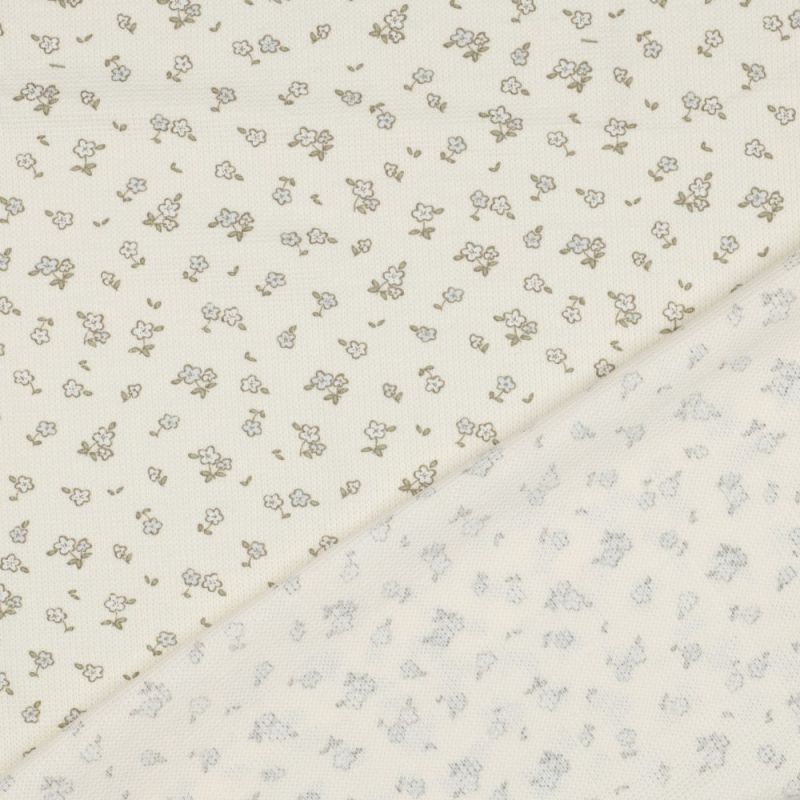 Jersey coton côtes fines à motif petit fleuri fond écru