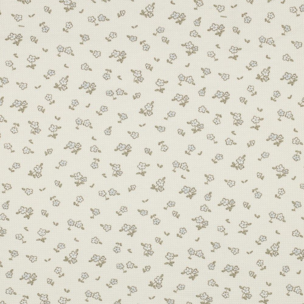 Jersey coton côtes fines à motif petit fleuri fond écru