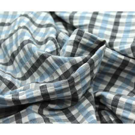Tissu sergé de coton gaufré vichy gris / écru / bleu Batikou - 3