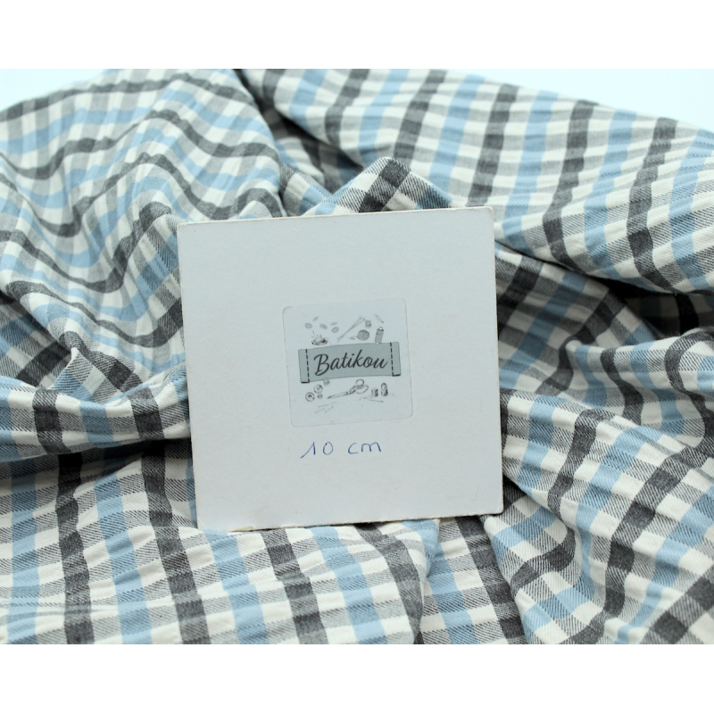 Tissu sergé de coton gaufré vichy gris / écru / bleu Batikou - 4