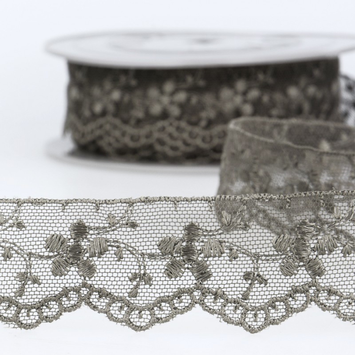 Galon dentelle tulle brodé 35mm x 1m gris foncé