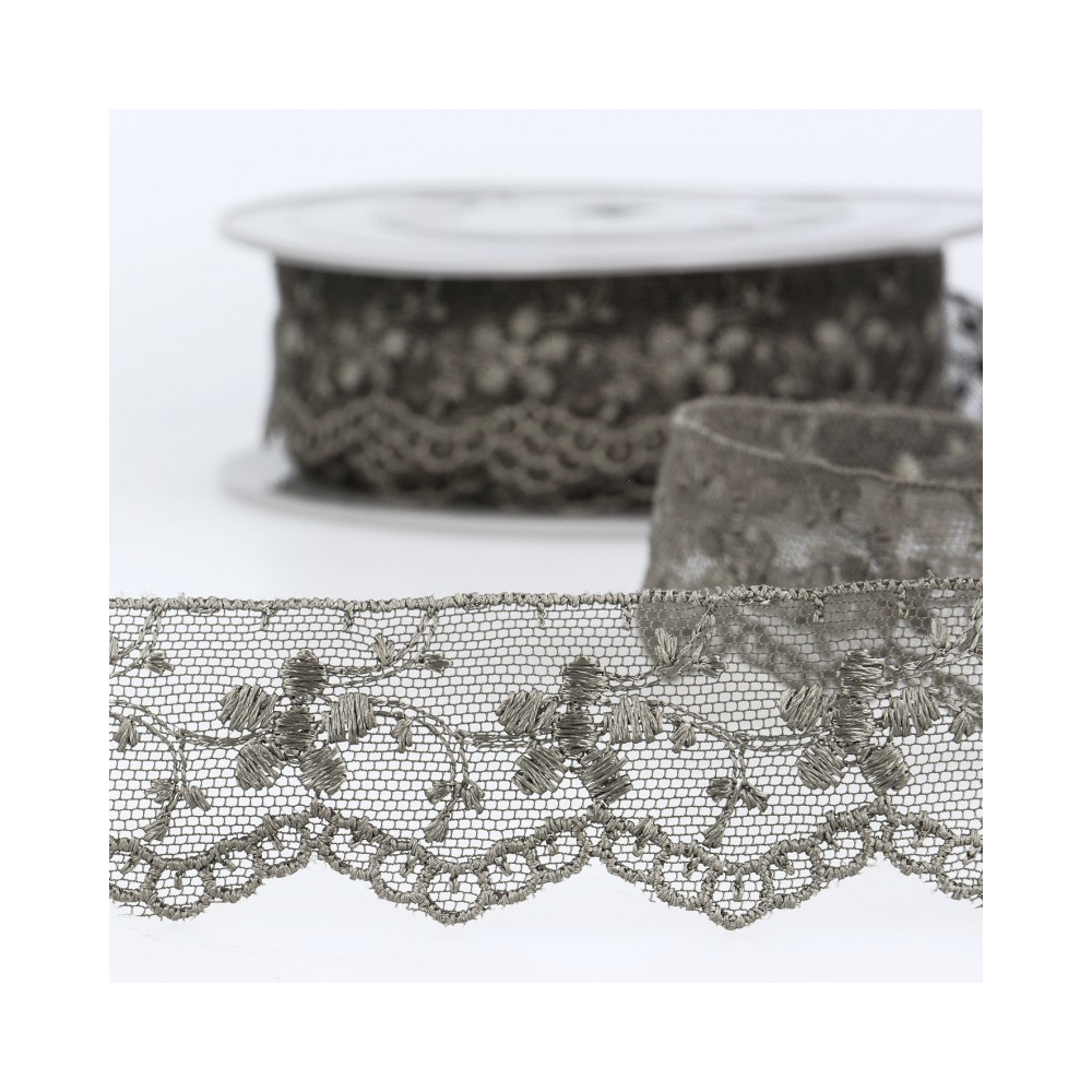 Galon dentelle tulle brodé 35mm x 1m gris foncé