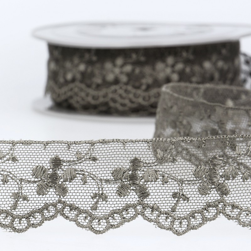 Galon dentelle tulle brodé 35mm x 1m gris foncé