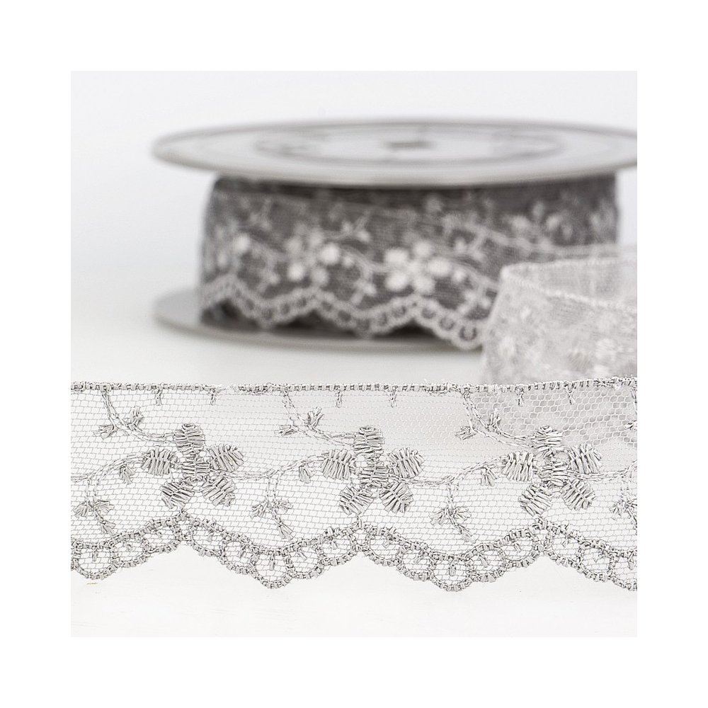 Galon dentelle tulle brodé 35mm x 1m gris clair