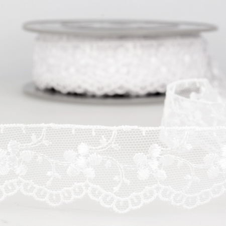 Galon dentelle tulle brodé 35mm x 1m blanc Galon dentelle tulle brodé 35mm x 1m blanc