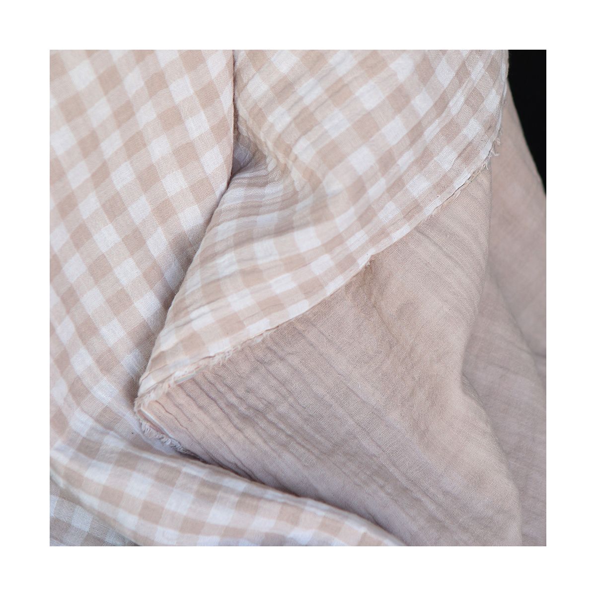 Double gaze de coton réversible vichy beige galet