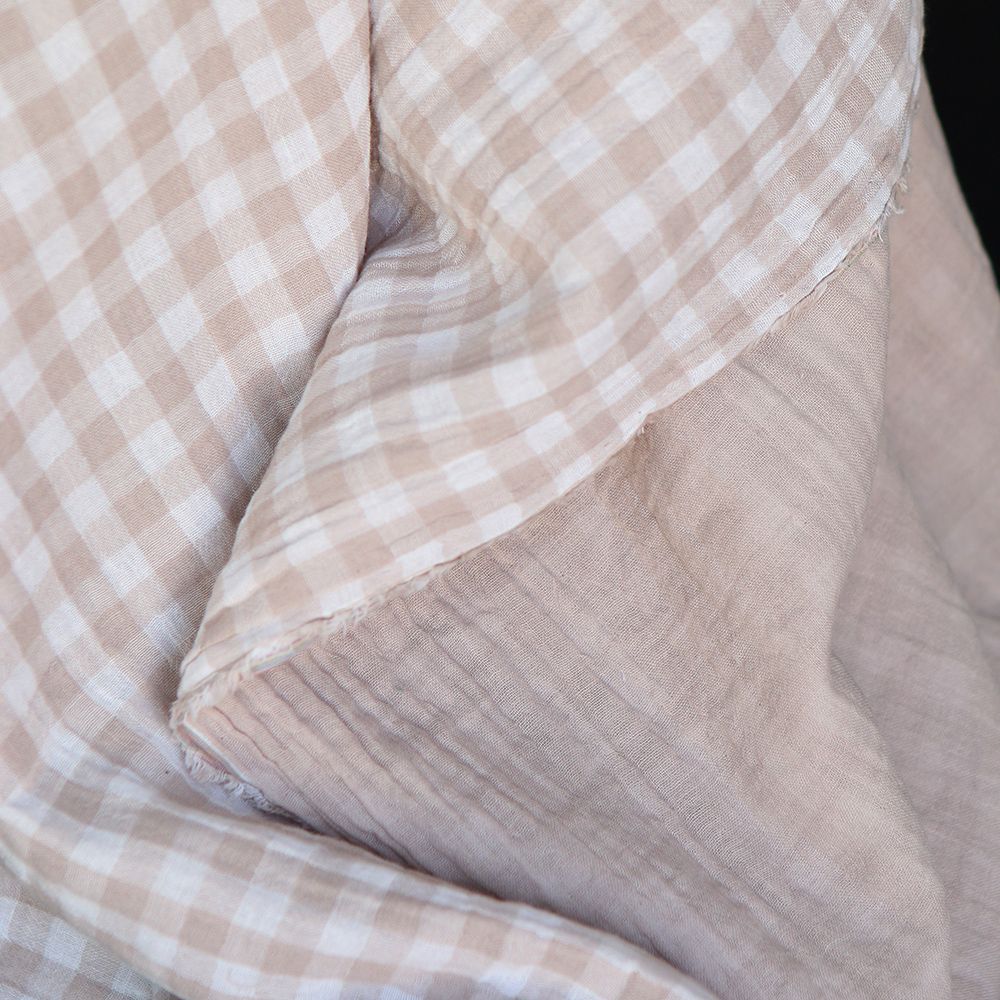 Double gaze de coton réversible vichy beige galet