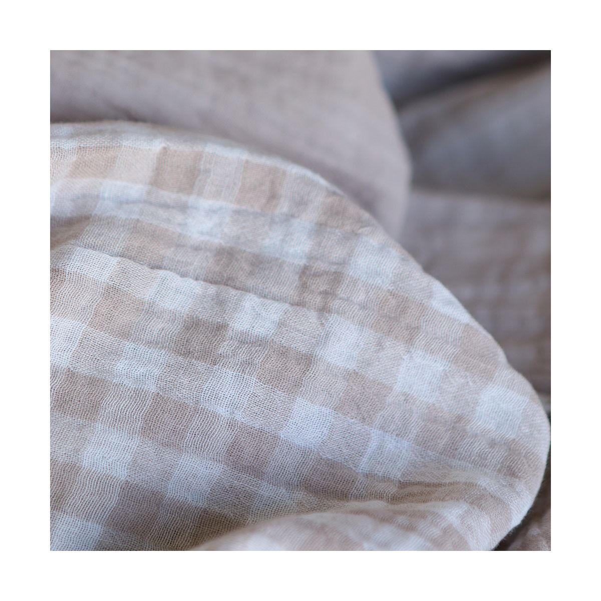 Double gaze de coton réversible vichy beige galet