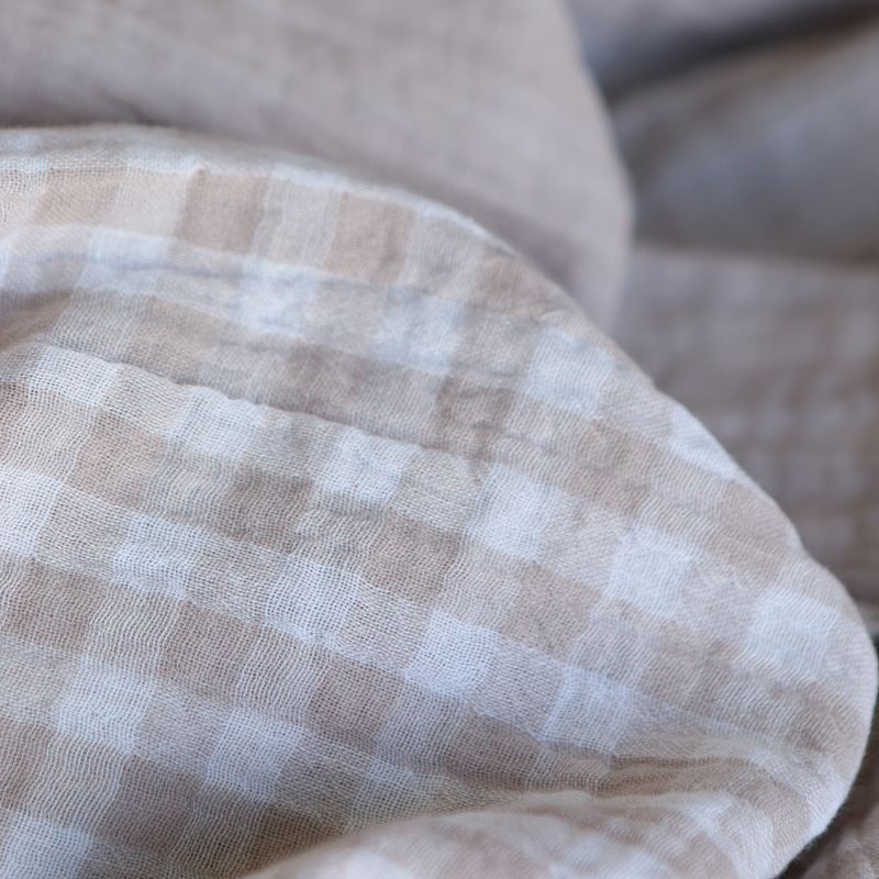 Double gaze de coton réversible vichy beige galet