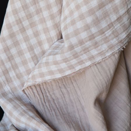 Double gaze de coton réversible vichy beige galet