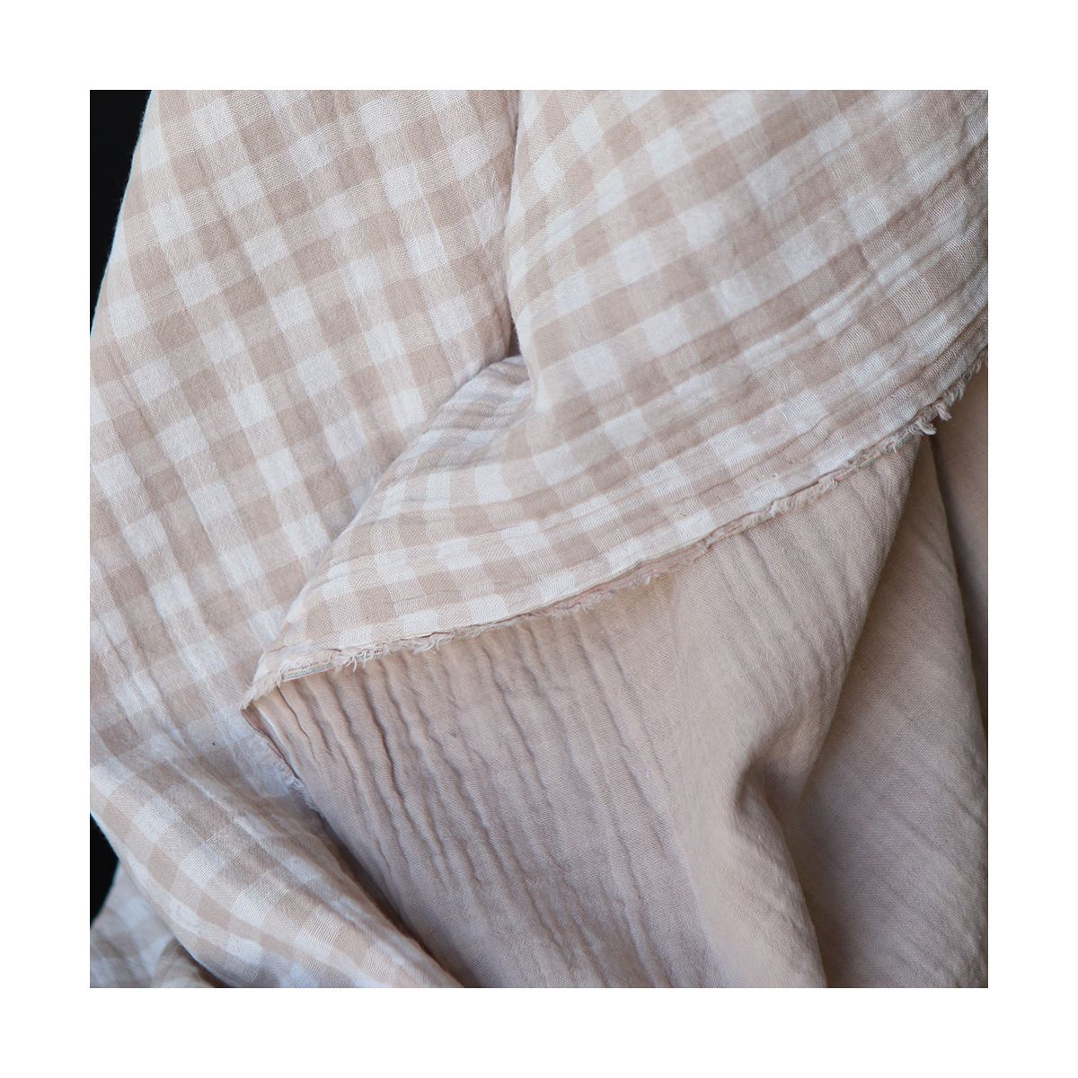 Double gaze de coton réversible vichy beige galet