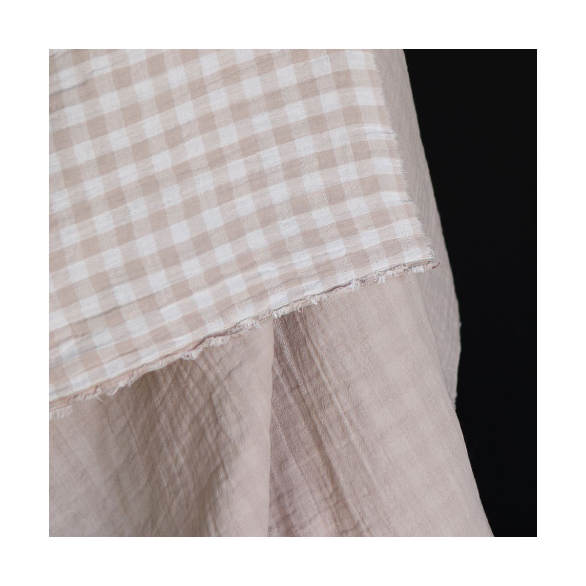 Double gaze de coton réversible vichy beige galet