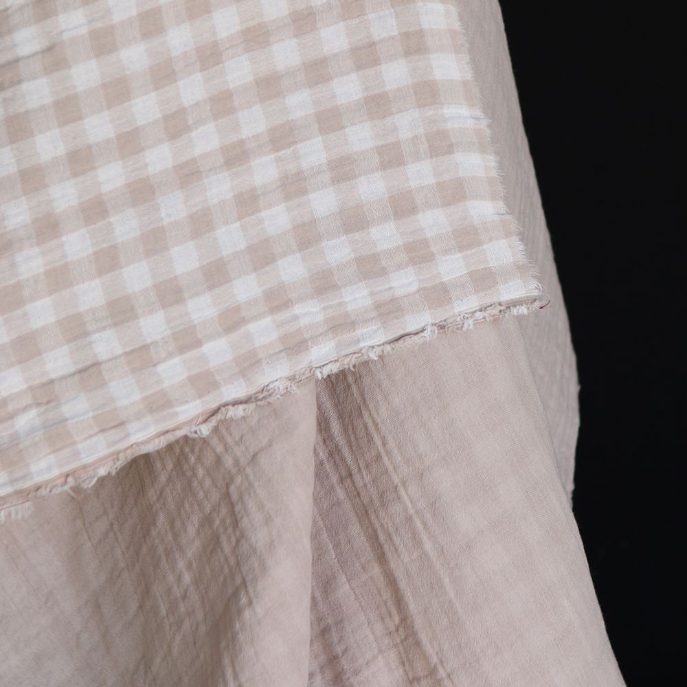 Double gaze de coton réversible vichy beige galet