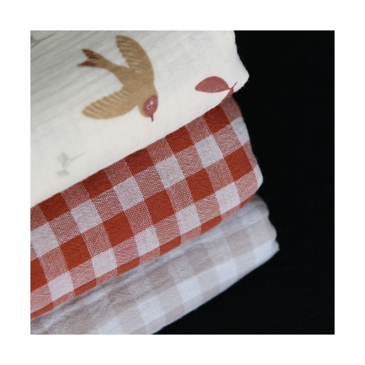 Double gaze de coton réversible vichy beige galet