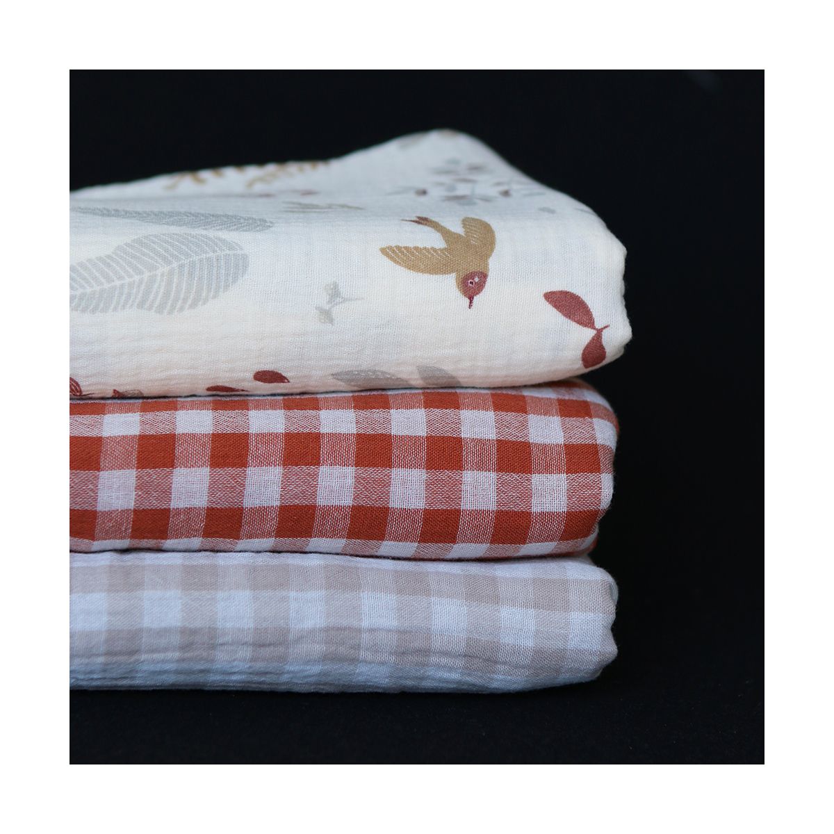 Double gaze de coton réversible vichy beige galet