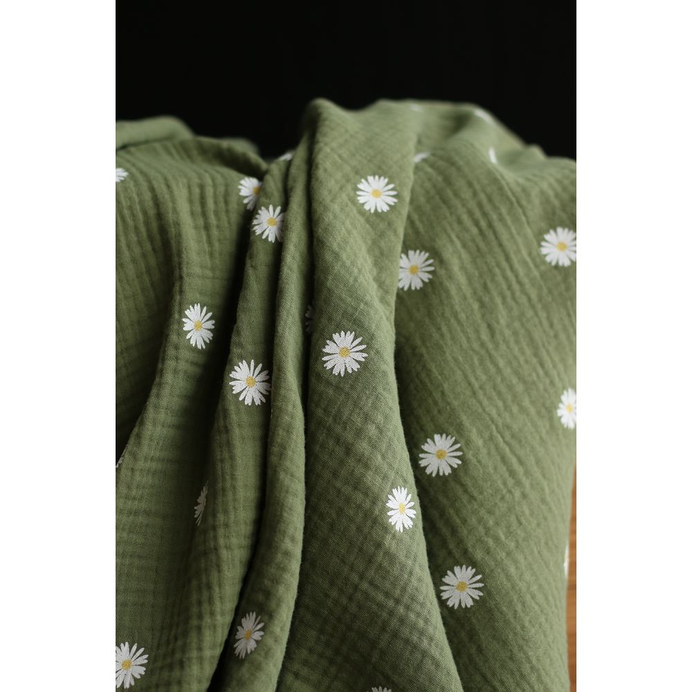 Daisy - Double gaze coton BIO motif exclusif fond vert olive
