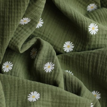 Daisy - Double gaze coton BIO motif exclusif fond vert olive Daisy - Double gaze coton BIO motif exclusif fond vert olive