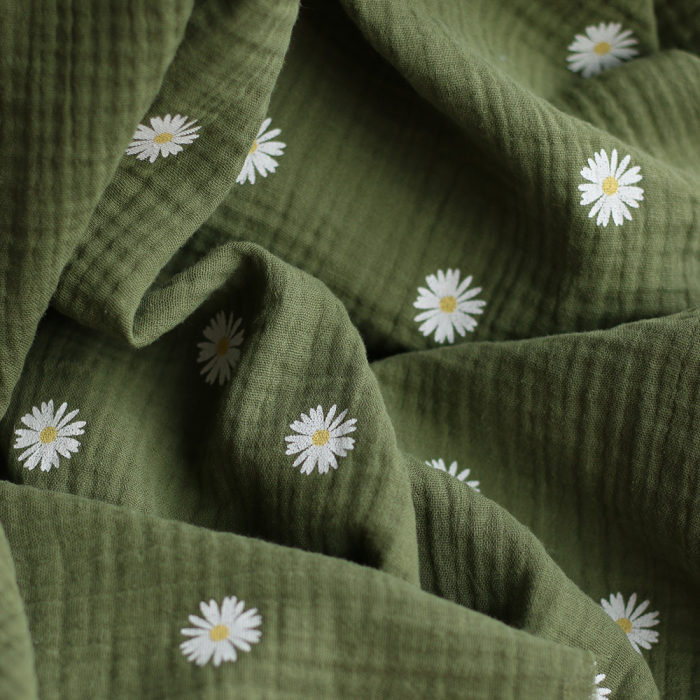Daisy - Double gaze coton BIO motif exclusif fond vert olive