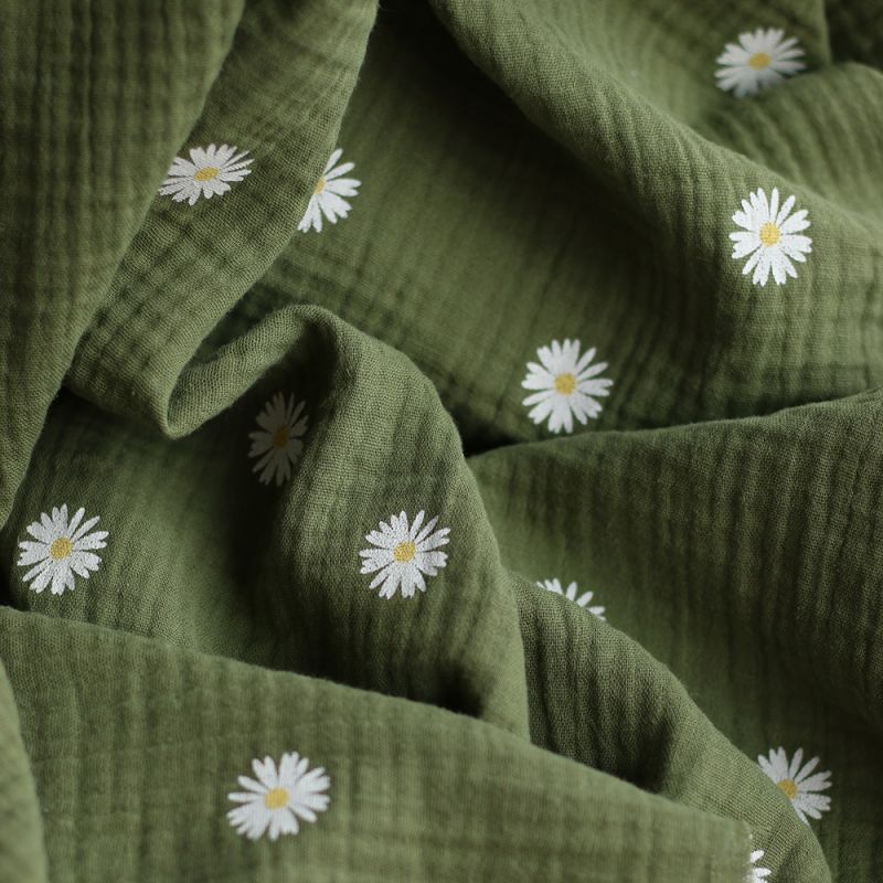 Daisy - Double gaze coton BIO motif exclusif fond vert olive