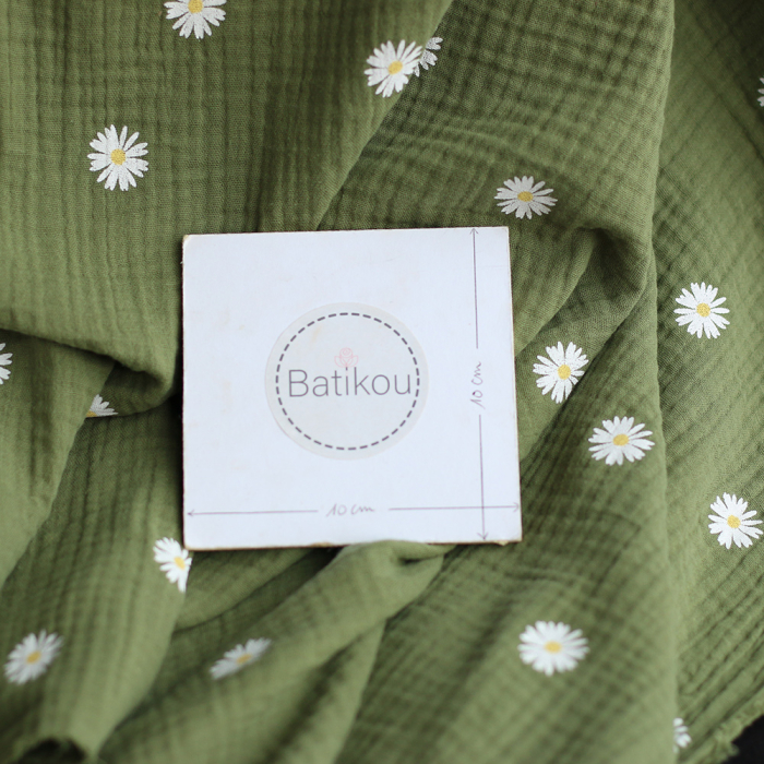 Daisy - Double gaze coton BIO motif exclusif fond vert olive