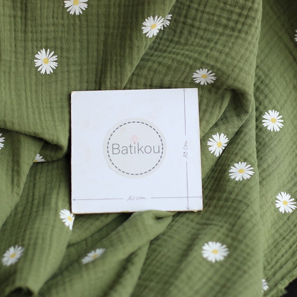 Daisy - Double gaze coton BIO motif exclusif fond vert olive
