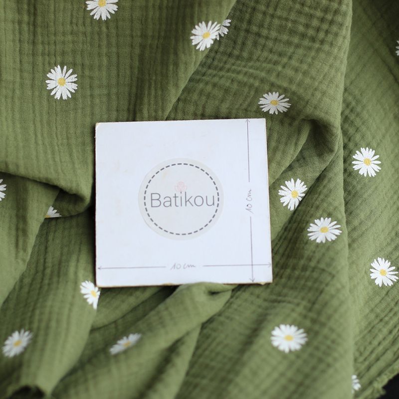 Daisy - Double gaze coton BIO motif exclusif fond vert olive