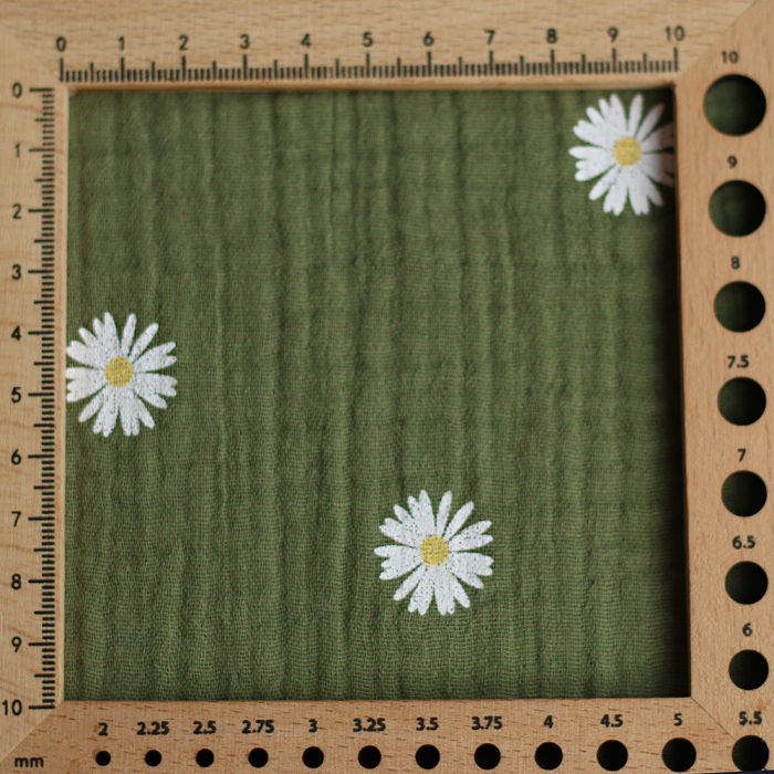 Daisy - Double gaze coton BIO motif exclusif fond vert olive