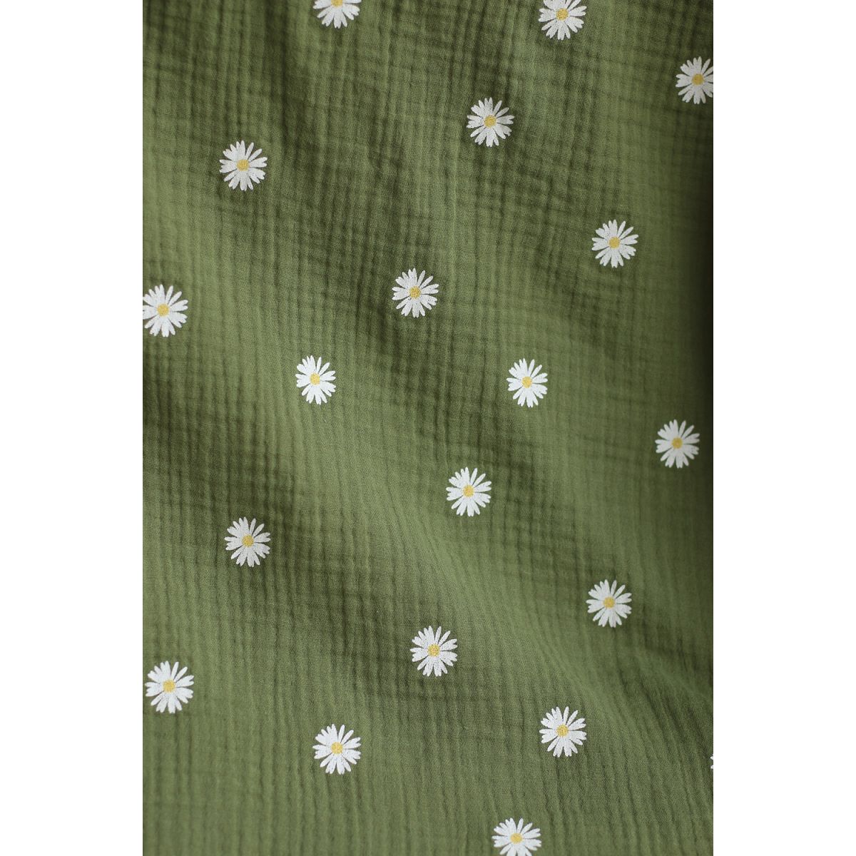 Daisy - Double gaze coton BIO motif exclusif fond vert olive Daisy - Double gaze coton BIO motif exclusif fond vert olive
