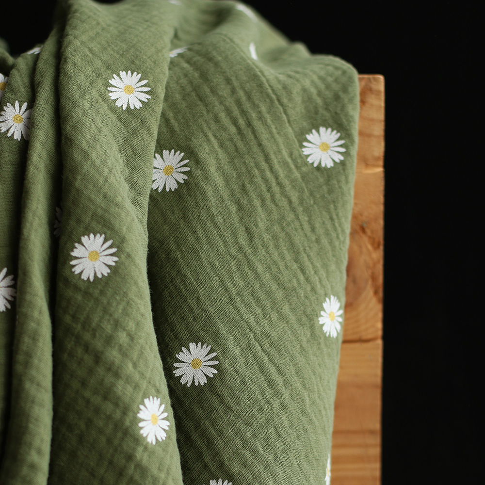 Daisy - Double gaze coton BIO motif exclusif fond vert olive