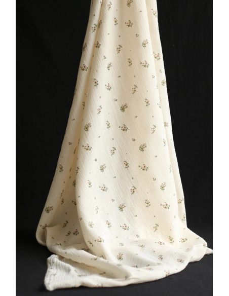 Laure - Double gaze coton BIO motif exclusif fond écru vert olive