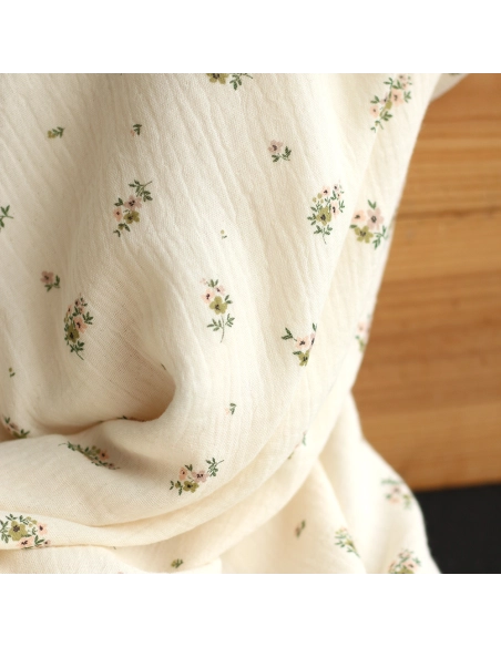 Laure - Double gaze coton BIO motif exclusif fond écru vert olive