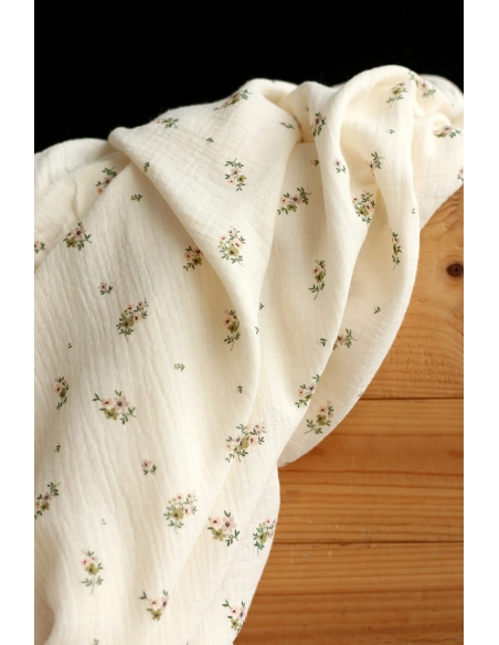 Laure - Double gaze coton BIO motif exclusif fond écru vert olive