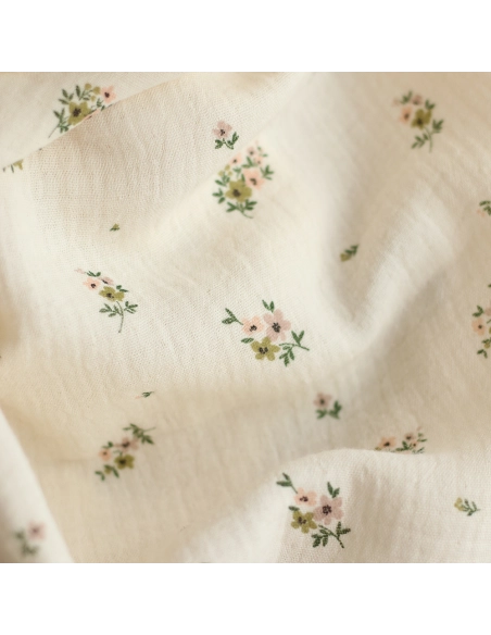 Laure - Double gaze coton BIO motif exclusif fond écru vert olive